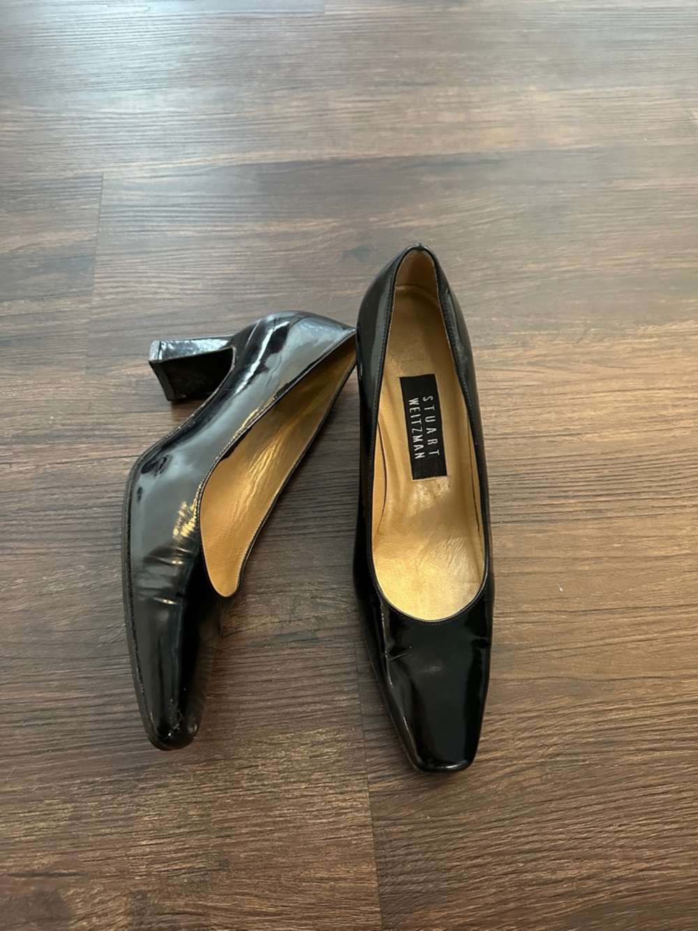 Stuart Weitzman Black Patent Leather Square-Toe Mid Heels